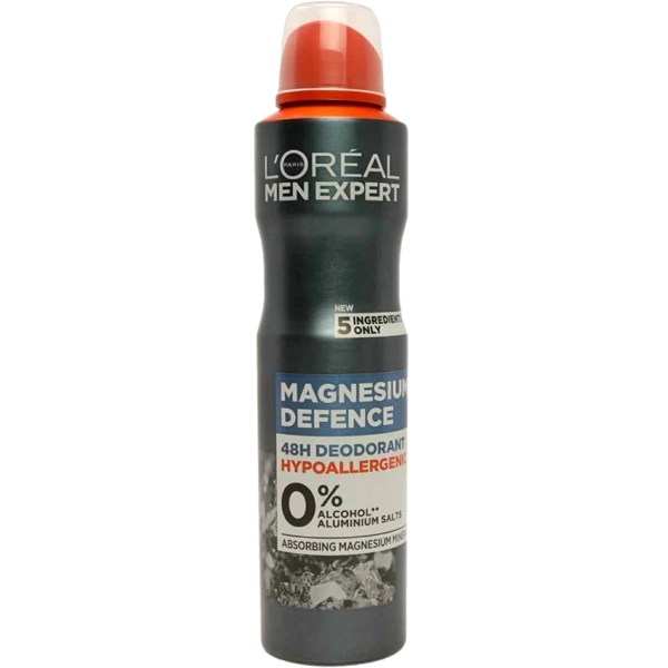 اسپری ضد تعریق مردانه لورال منیزیوم دیفنس ضد حساست خاکستری 250 میل | LOREAL DEODORANT hypoallergenic men magnesium defence 250ml